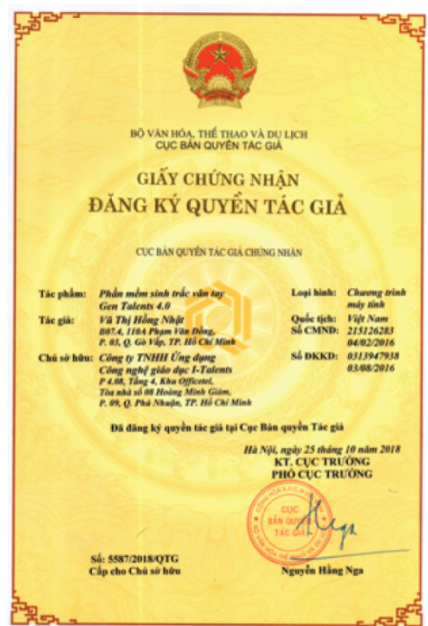 Các Chứng nhận, Giải thưởng của GenTalents và Viện Nghiên cứu sinh trắc Vân tay:
- GIẢI THƯỞNG THƯƠNG HIỆU TIÊU BIỂU HỘI NHẬP KINH TẾ CHÂU Á – THÁI BÌNH DƯƠNG 2019
- GIẤY CHỨNG NHẬN TỔ CHỨC KHOA HỌC & CÔNG NGHỆ VIỆN NGHIÊN CỨU SINH TRẮC VÂN TAY ĐẦU TIÊN
